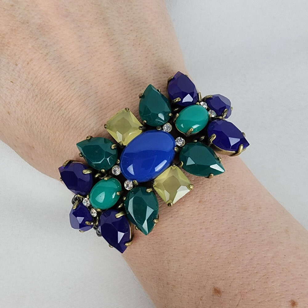 Stella And Dot Blue & Green Rhinestone Hematite Black Chain Link Bracelet